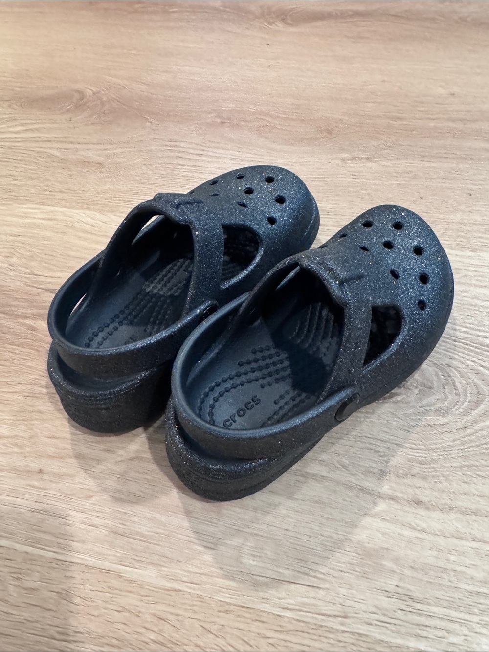 CROCS Kids Black Glitter Clog Sandals with Back Strap - Picture 2 of 3